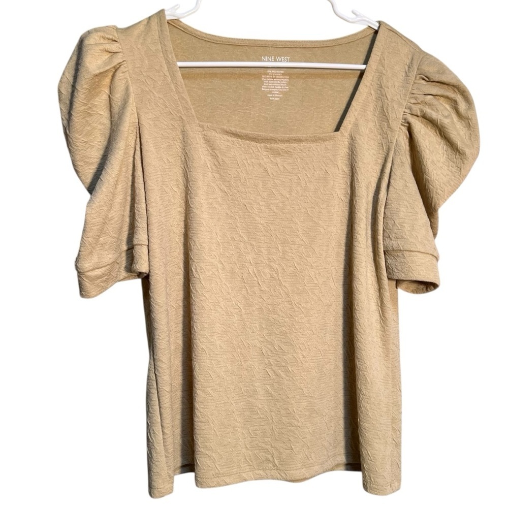 Nine West Women's Size‎ Large Ruched Sleeve Squareneck Top Yellow Beige Jacquard